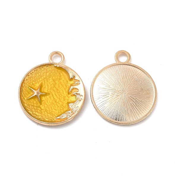 

PandaHall Alloy Enamel Pendants, Flat Round with Star & Moon Charm, Golden, Yellow, 25x21x2.3mm, Hole: 3mm Alloy+Enamel Moon Yellow