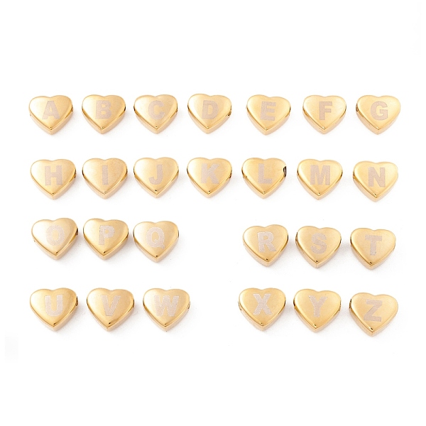 

PandaHall Vacuum Plating 304 Stainless Steel Beads, Heart with Letter A~Z, Golden, 11x12x5mm, Hole: 2mm, 26pcs/set 304 Stainless Steel Heart