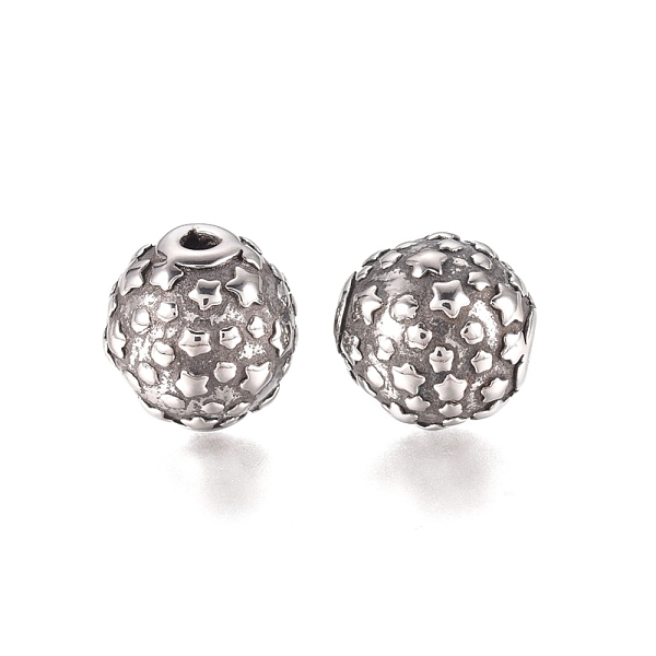 

PandaHall 304 Stainless Steel Beads, Round with Star Pattern, Antique Silver, 9x9.5mm, Hole: 1.6mm 304 Stainless Steel Round