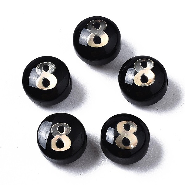 PandaHall Handmade Lampwork Beads, Golden Metal Enlaced, Flat Round with Number 8, Black, 5.5x8mm, Hole: 1mm Lampwork Flat Round Black