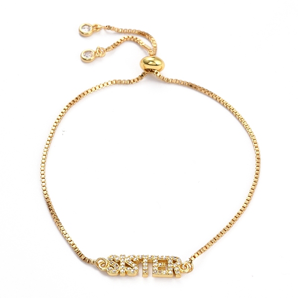 

PandaHall Adjustable Brass Micro Pave Clear Cubic Zirconia Slider Bracelets, Bolo Bracelets, with Box Chains, Word Sister, Golden, 10-1/4...