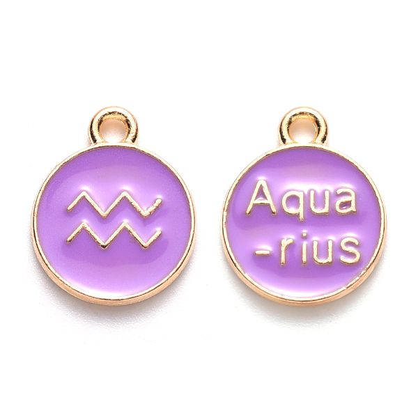 

PandaHall Alloy Enamel Pendants, Cadmium Free & Lead Free, Flat Round with Constellation, Light Gold, Medium Purple, Aquarius, 15x12x2mm...