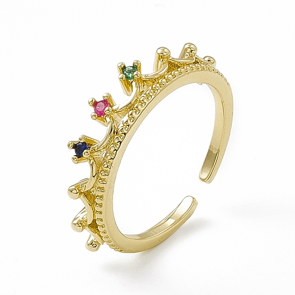 

PandaHall Colorful Cubic Zirconia Crown Open Cuff Ring, Rack Plating Brass Jewelry for Women, Cadmium Free & Lead Free, Real 18K Gold Plated...