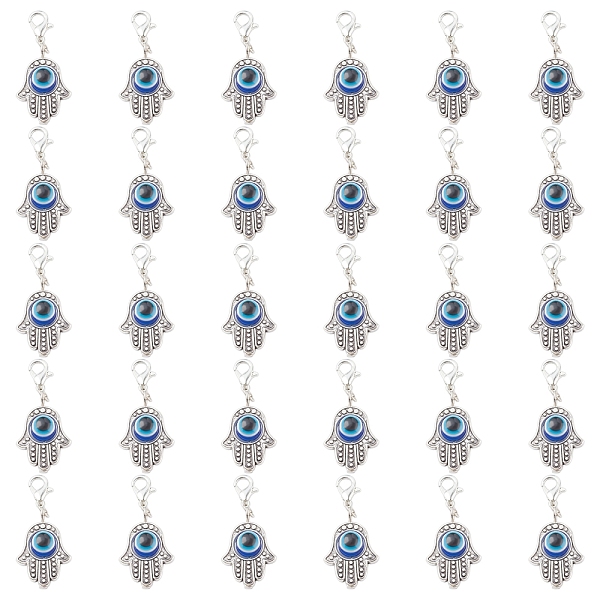 

PandaHall SUNNYCLUE 30Pcs Alloy Pendants, with Resin Beads and Zinc Alloy Lobster Claw Clasps, Hamsa Hand with Evil Eye, Antique Silver &...