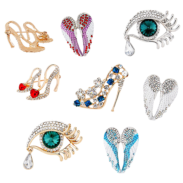 PandaHall DICOSMETIC 7Pcs 7 Style High Heels & Eye & Heart Wing Rhinestone Brooches, Zinc Alloy Fashion Lapel Pin for Backpack Clothes...