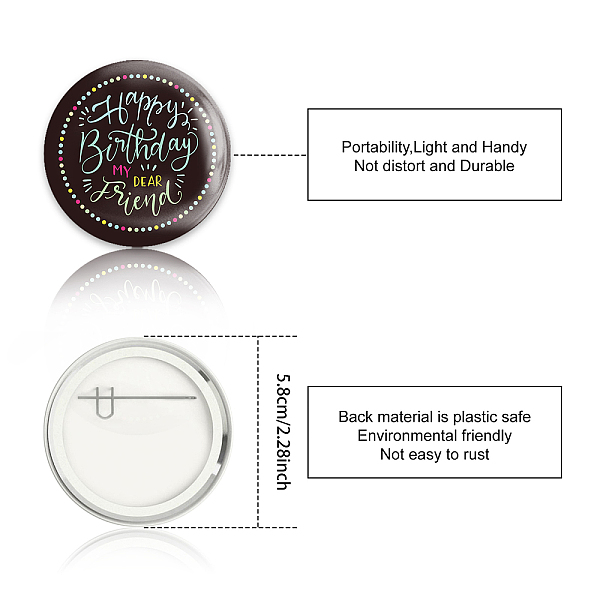 

PandaHall Tinplate Brooch, with Plastic Bottom & Iron Pin, Flat Round, Colorful, Birthday Themed Pattern, 58x4mm, 9pcs/set Tinplate Others