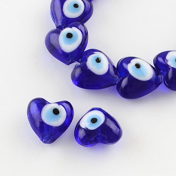 

PandaHall Heart Evil Eye Lampwork Bead Strands, Blue, 13~15x15x9mm, Hole: 2mm, about 24pcs/strand, 11.4 inch Lampwork Heart Blue