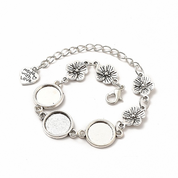 

PandaHall Alloy Bracelets & Anklets Making, Flower Link Bracelet with Heart Charm, Blank Cabochon Setting, Antique Silver, 9-5/8 inch...