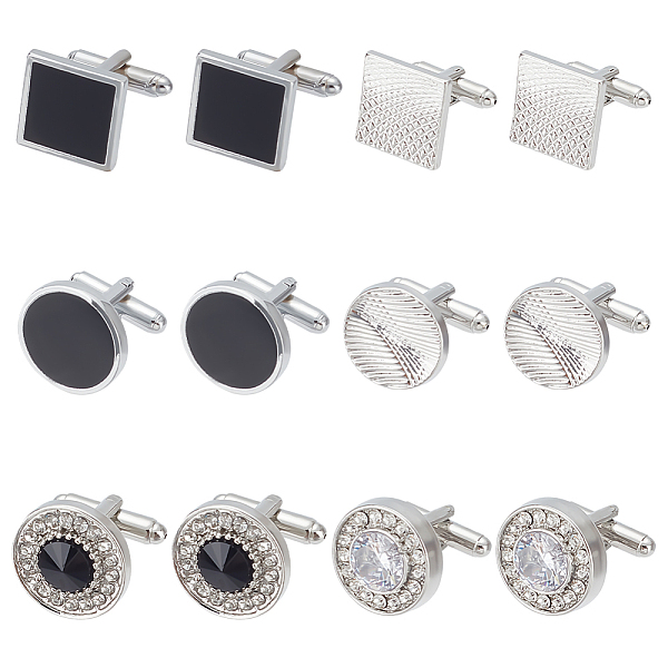 

PandaHall WADORN 6 Pairs 6 Styles Alloy/Iron Cufflinks for Men, with Enamel & Rhinestone, Flat Round/Square, Platinum..., Black