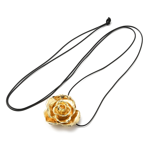 Collier Pendentif Fleur Rose En Alliage De Zinc Avec Cordons En Cuir