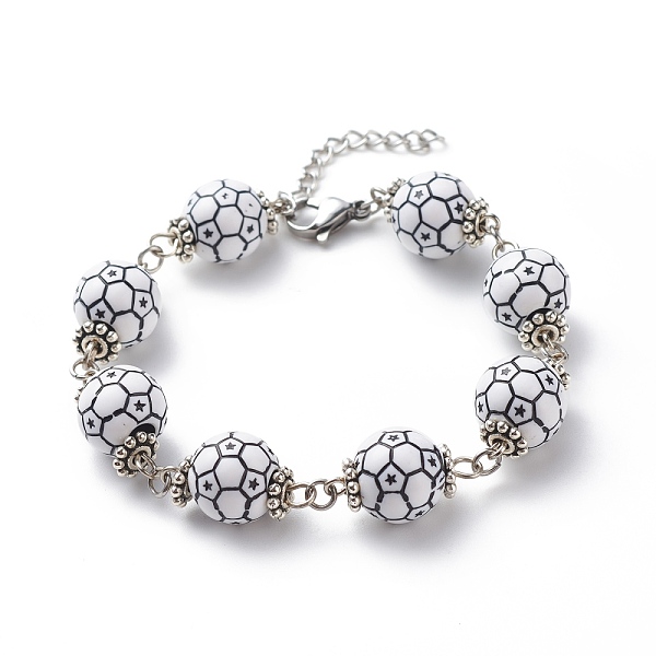

PandaHall Sport Ball Theme Acrylic Round Beaded Bracelet, 304 Stainless Steel Jewelry for Men Women, Football, 7-1/4 inch(18.5cm) Acrylic..., White