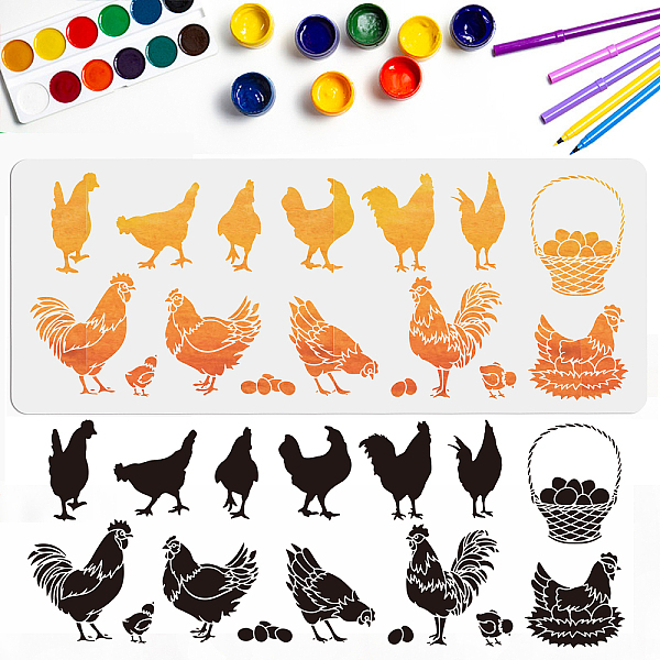 

PandaHall MAYJOYDIY Chicken Stencil Rooster Hen Stencil Cock Chick Eggs Painting Stencils 39.4×15.7inch Farm Animal Drawing Templates for...
