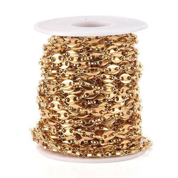 PandaHall Vacuum Plating 304 Stainless Steel Coffee Bean Chains, with Spool, Unwelded, Golden, Links: 6x3x1mm and 7.5x5x1.5mm, about 32.8...