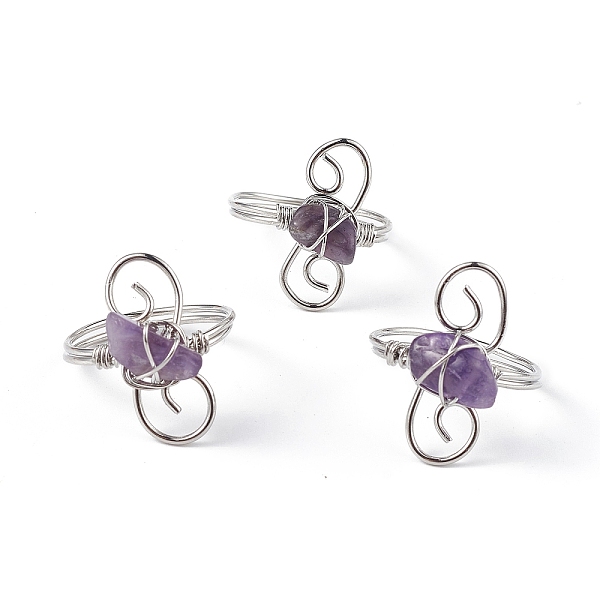 

PandaHall Natural Amethyst Chips with Vortex Finger Ring, Platinum Brass Wire Wrap Jewelry for Women, Inner Diameter: 18mm Amethyst