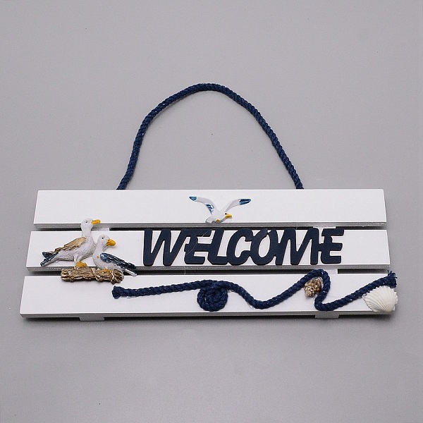 

PandaHall Mediterranean Style Wood Hanging Plate, with Cotton Cord, Shell & Resin Findings, Rectangle with Word Welcome, Bird Pattern, 240mm..., White