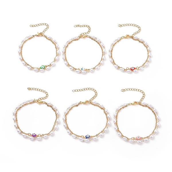 

PandaHall Vacuum Plating 304 Stainless Steel Multi-strand Bracelets, with Rice Plastic Beads and Enamel Links, Hamsa Hand/Hand of Miriam..., Multicolor