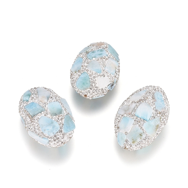 

PandaHall Polymer Clay Rhinestone Beads, with Natural Larimar Chips, Oval, Crystal, 44~47x29~30x17~18mm, Hole: 1.8mm Larimar Oval Clear