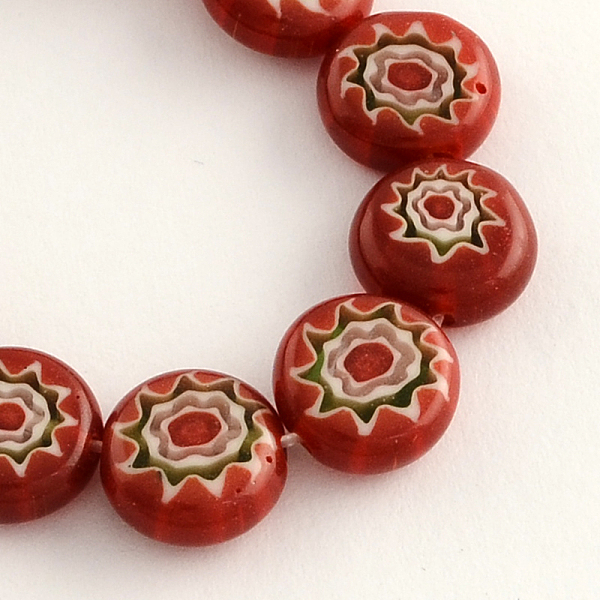 

PandaHall Handmade Millefiori Glass Bead Strands, Flat Round, FireBrick, 10x4mm, Hole: 1.2mm, about 40pcs/strand, 14.9 inch Millefiori..., Red