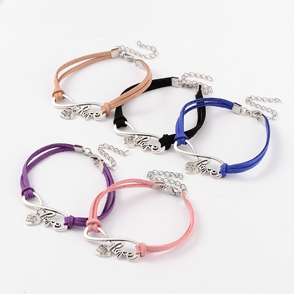 

PandaHall Infinity with Love Antique Silver Plated Alloy Faux Suede Cord Link Bracelets, Heart with Made with Me, Mixed Color, 180x6mm Alloy..., Multicolor