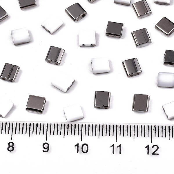 

PandaHall 2-Hole Glass Seed Beads, Half Metallic Colours, Square, Dark Gray, 5x4.5~5.5x2~2.5mm, Hole: 0.5~0.8mm, about 1180pcs/bag Glass...