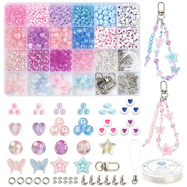 PandaHall DIY Mobile Phone Strap Making Kit, Including Star & Butterfly Acrylic & Seed Beads, Alloy Clasps, Mixed Color Acrylic Multicolor