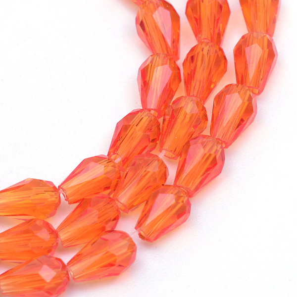 

PandaHall Transparent Glass Bead Strands, Faceted Teardrop, Orange, 5x3mm, Hole: 1mm, about 100pcs/strand, 19.3 inch Glass Teardrop Orange