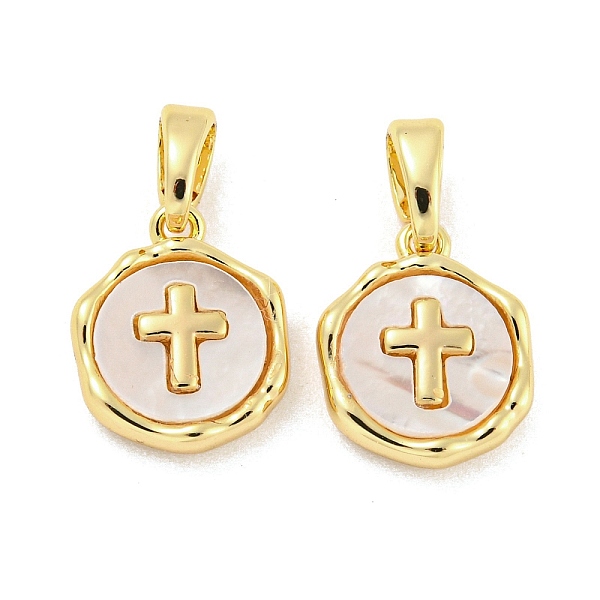 

PandaHall Brass Pave Shell Charms, Flat Round with Cross Charm, Real 18K Gold Plated, 12x10x2.5mm, Hole: 4.8x2.7mm Shell Flat Round