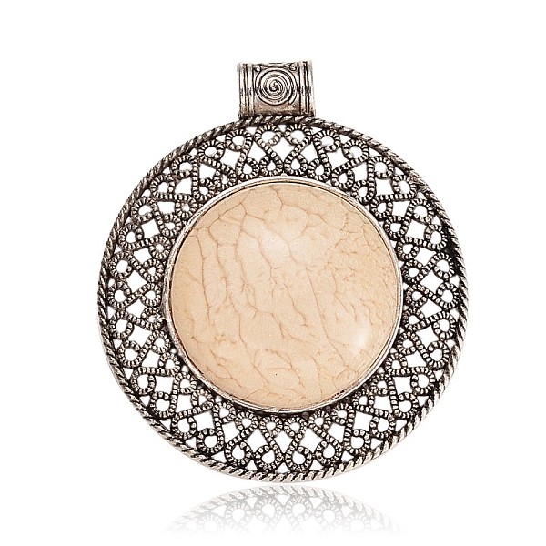 

PandaHall Alloy Resin Big Pendants, Flat Round, Antique Silver, PeachPuff, 70~71x62x9~12mm, Hole: 6~6.5mm Alloy+Resin Flat Round Brown