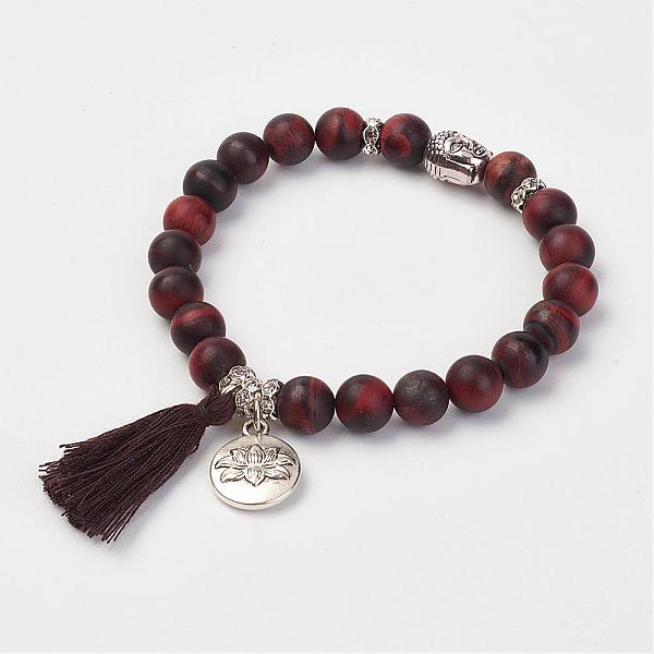 

PandaHall Natural Tiger Eye Beads Stretch Bracelets, with Brass & Alloy Findings & Tassel Pendants, Frosted, Round & Buddha Head, Burlap...