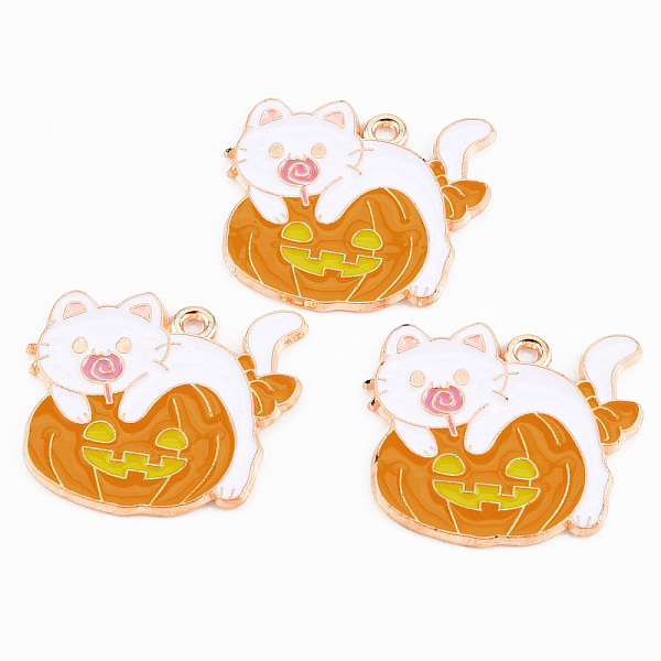 

PandaHall Light Gold Tone Alloy Enamel Pendants, Cadmium Free & Lead Free, Halloween, Cat with Pumpkin, Dark Orange, 25x27x1.2mm, Hole...