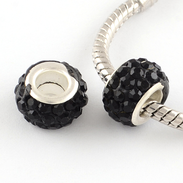 

PandaHall Polymer Clay Rhinestone European Large Hole Beads with Silver Color Plated Brass Cores, Rondelle, Jet, 11~12x7~7.5mm, Hole: 5mm..., Black
