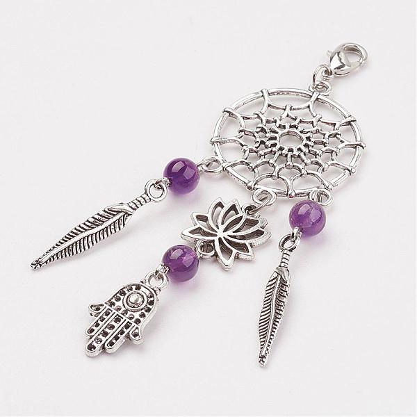 

PandaHall Alloy Pendant Decorations, with Natural Amethyst and Brass Lobster Claw Clasps, Lotus & Hamsa Hand/Hand of Fatima/Hand of Miriam &..., Purple