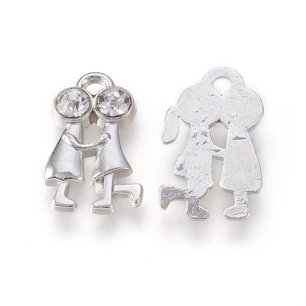 

PandaHall Valentine Day Special Gift Ideas Alloy Pendants, Cadmium Free & Lead Free, with Rhinestone, Couple, Platinum Color, about 11mm..., Clear