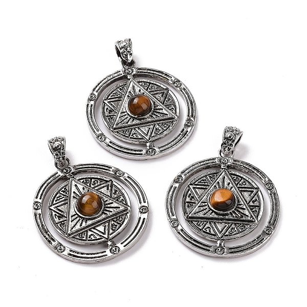 

PandaHall Natural Tiger Eye Pendants, Flat Round with Hexagram Charms, with Antique Silver Plated Alloy Findings, 42.5x37x8mm, Hole: 5.5x4mm...