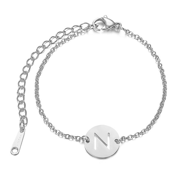 

PandaHall 201 Stainless Steel Link Bracelets, with Cable Chains and Lobster Claw Clasps, Flat Round with Letter, Letter.N, 6 inch~6-3/4 inch...