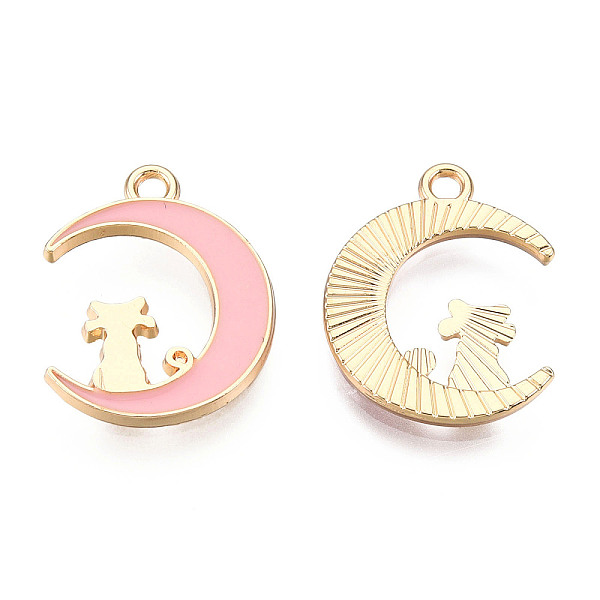 

PandaHall Alloy Enamel Kitten Pendants, Light Gold, Crescent Moon with Cat Shape, Pink, 20.5x16x2mm, Hole: 1.8mm Alloy+Enamel Moon Pink