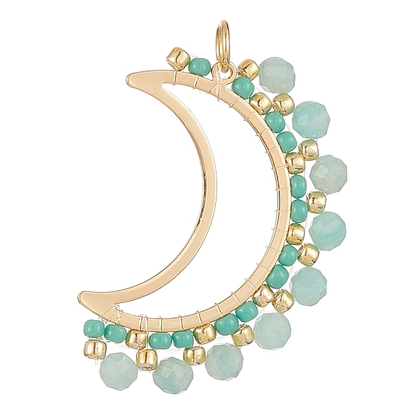 

PandaHall Natural Amazonite Faceted Round Pendants, Brass Open Back Bezel Moon Charms with Glass Seed Beads, Golden, 32x23x3.5mm, Hole...