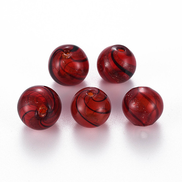 

PandaHall Transparent Handmade Blown Glass Globe Beads, with Glitter Powder, Stripe Pattern, Round, Dark Red, 13.5~14.5mm, Hole: 1~2mm Glass...