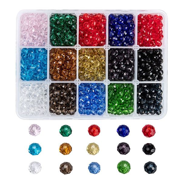 

PandaHall Glass Beads, Faceted, Rondelle, Mixed Color, 6x5mm, Hole: 1mm, 15 colors, 100pcs/color, 1500pcs/box Glass Rondelle Multicolor