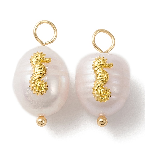 

PandaHall Natural Freshwater Pearl Pendants, Oval Charms with Alloy Sea Horse Slice, Golden, 23~24.5x9~10x9.5~11mm, Hole: 2.5~3mm Pearl Oval