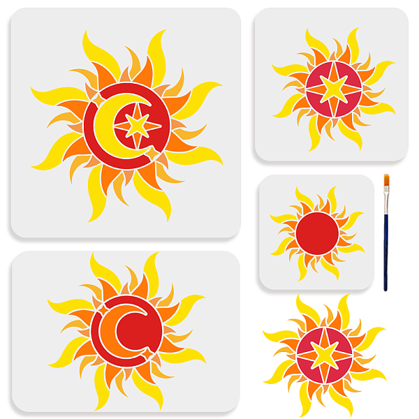 

PandaHall Sun Stencil 6~12inch 4 Sizes Sun Moon Star Stencil with Paint Brush Dazzling Boho Sun Stencil for Painting on Furniture Wood...