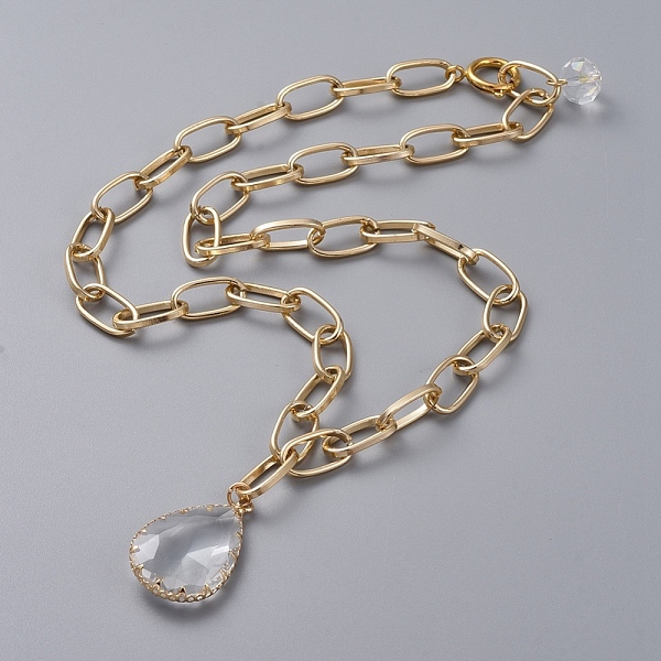 

PandaHall Aluminium Paperclip Chains Necklaces, with Glass Beads & Pendants and Brass Spring Ring Clasps, Teardrop, Clear, 20.07 inch(51cm)...