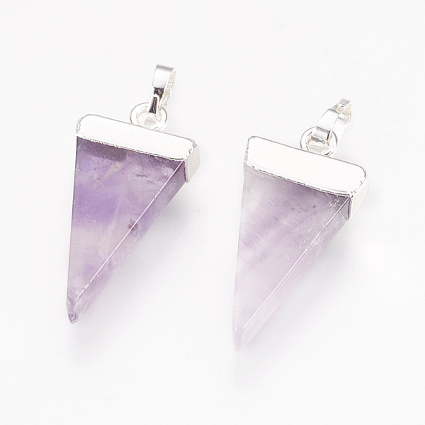 

PandaHall Natural Amethyst Pendants, with Brass Findings, Triangle, Silver, 27~29x12~13x4~5mm, Hole: 4x6mm Amethyst Triangle Silver