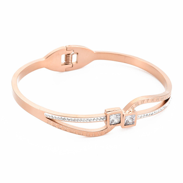 

PandaHall Crystal Rhinestone Wave Bangle with Roman Numeral, Stainless Steel Hinged Bangle with Polymer Clay for Women, Rose Gold, Inner...