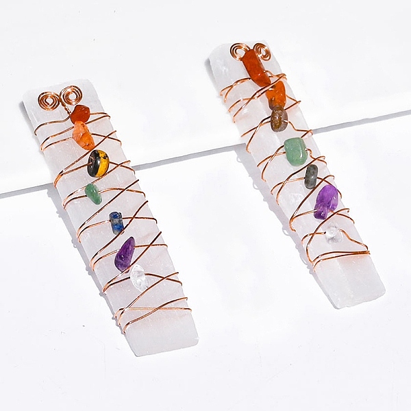 

PandaHall Chakra Jewelry, Natural Selenite Home Decorations, Brass Wire Wrapped Natural Gemstone Display Decorations, Rectangle, White...