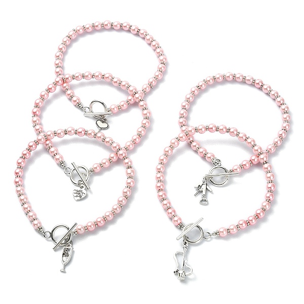 

PandaHall Tibetan Style Alloy Charm Bracelet, with Glass Pearl Round Beaded Chains, Mixed Shape, Pink, 9-5/8 inch(24.5cm) Alloy Mixed Shapes...