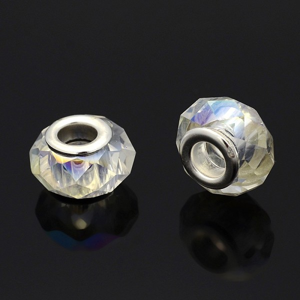 

PandaHall AB Color Plated Glass European Beads, Large Hole Rondelle Beads, with Silver Color Plated Brass Cores, Faceted, Clear AB, 14x9mm..., White