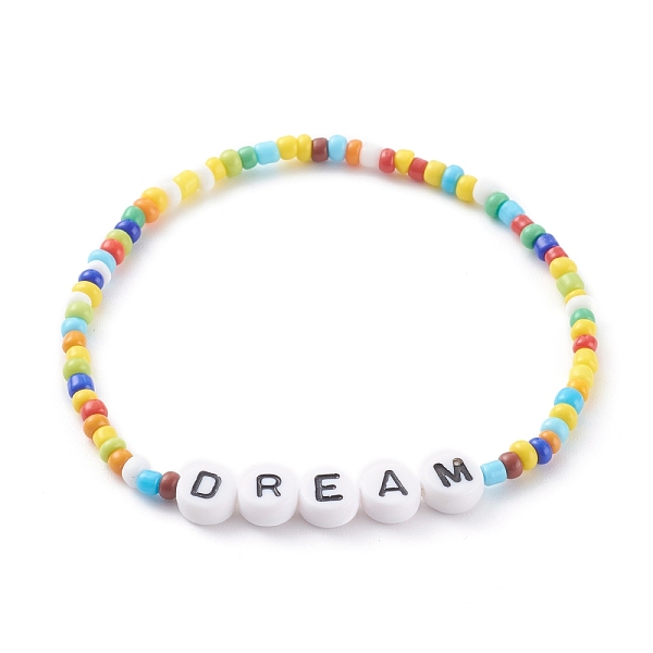 

PandaHall Glass Seed Beads Stretch Bracelets, with Acrylic Letter Beads, Word DREAM, Colorful, Inner Diameter: 2-1/4 inch(5.7cm) Glass