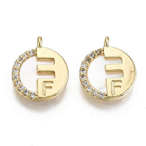

PandaHall Natural Freshwater Shell Charms, with Brass Findings and Clear Cubic Zirconia, Nickel Free, Loops, Flat Round with Letter F, Real...