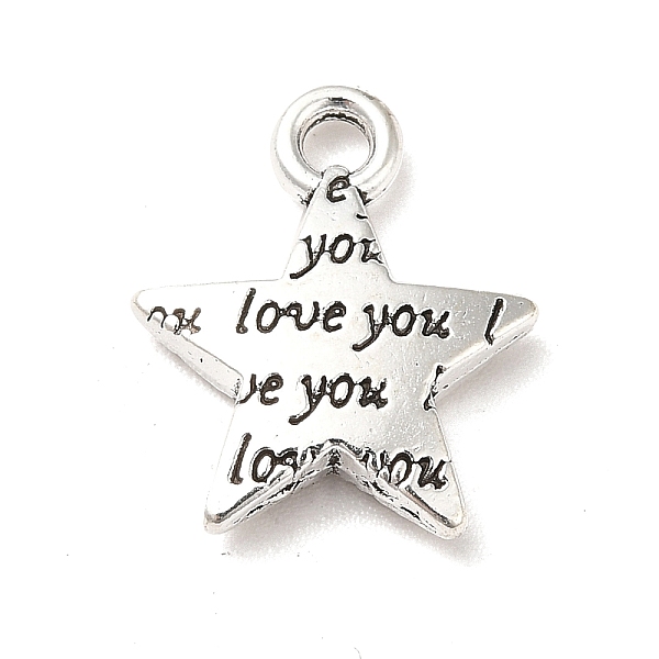 

PandaHall Tibetan Style Alloy Charms, Star with Word Love You Charms, Antique Silver, 15x13x3mm, Hole: 1.8mm, about 909pcs/1000g Alloy Word